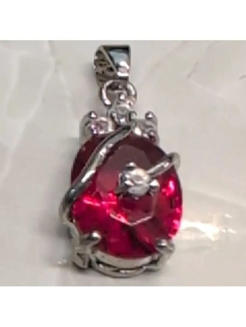 New Sterling Silver 925 Oval Red Faceted Gemstone Clear Rhinestone Swirl Pendant